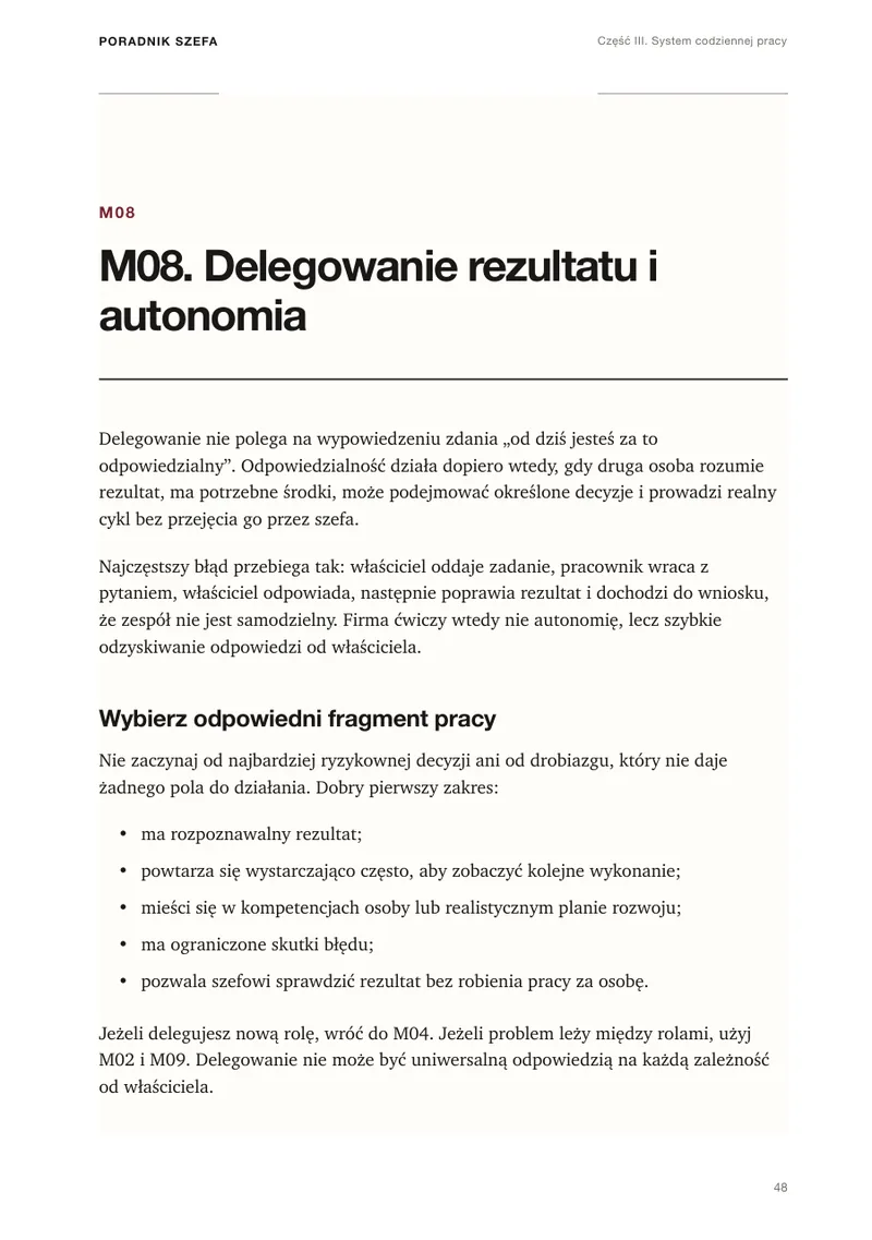 Strona 48 Poradnika Szefa, początek modułu M08 Delegowanie rezultatu i autonomia.