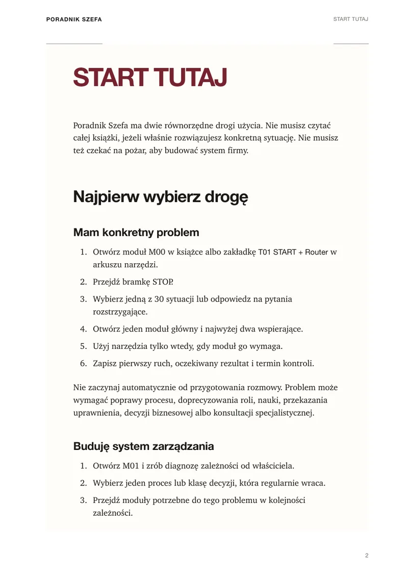Strona START TUTAJ z pliku 01_START_TUTAJ: dwie drogi użycia Poradnika, od konkretnego problemu albo od budowy systemu zarządzania.
